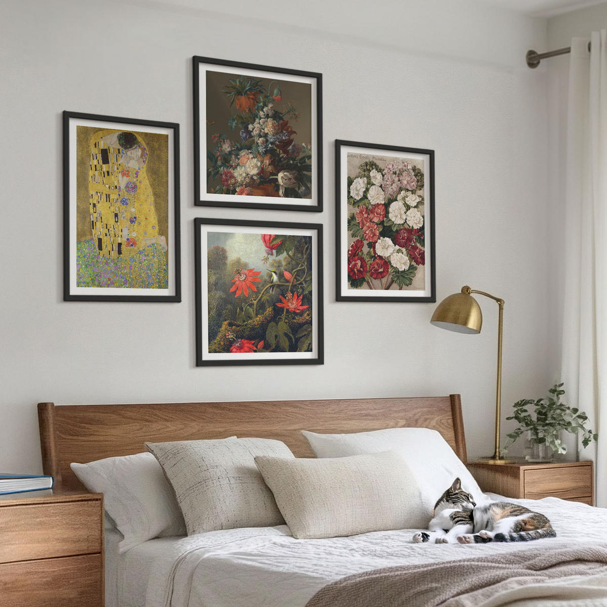 BILDER SET 4er Set - 50x50 cm & 40x60 cm Schwarzer Rahmen - Blumen des Baumes (Gemälde von Klimt) - Schwarz, Kunststoff (50/50cm) - TULUP