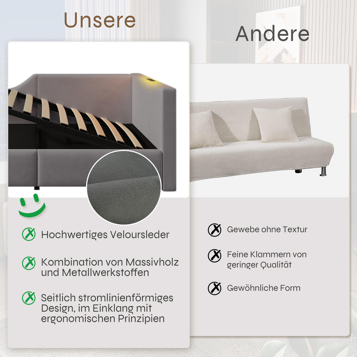 POLSTERBETT aus Samt 90x200 cm in Grau mit Stauraum, USB-C & Leselampe - Grau, Textil (90/200cm) - Modfu