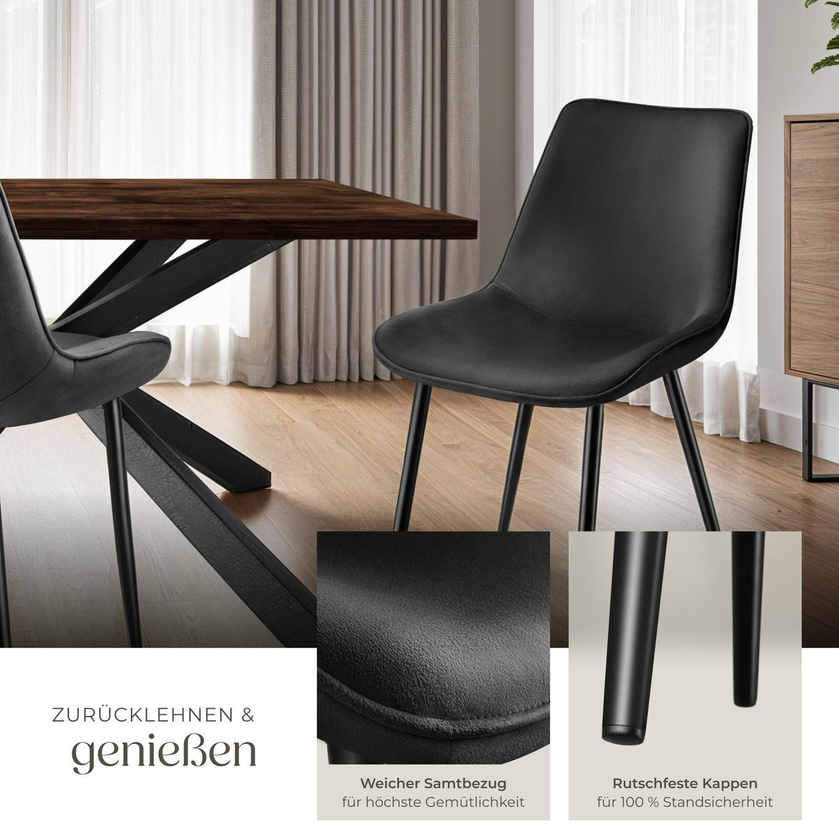 STUHL 6er Set Monroe 48 x 59 x 82 5 cm schwarz - Schwarz, Textil (48/82.5/59cm) - tectake