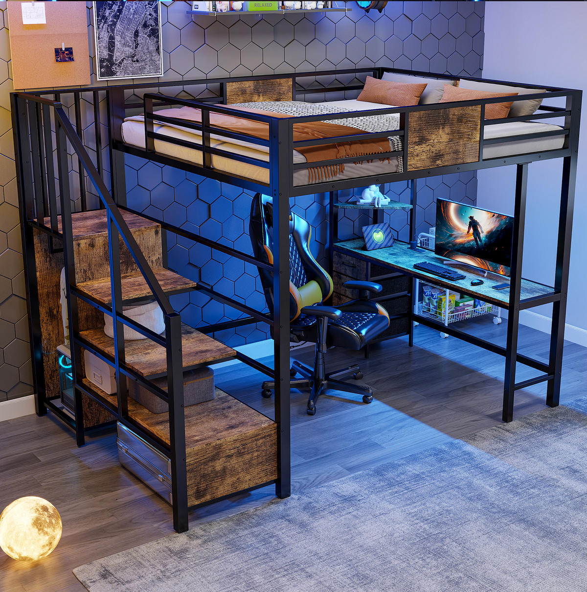 HOCHBETT 140/200 cm mit Schreibtisch, Ablagefächern, Kleiderstange, LED-Beleuchtung und Steckdose, Schwarz/Weiß - Schwarz, Metall (140/200cm) - Redom
