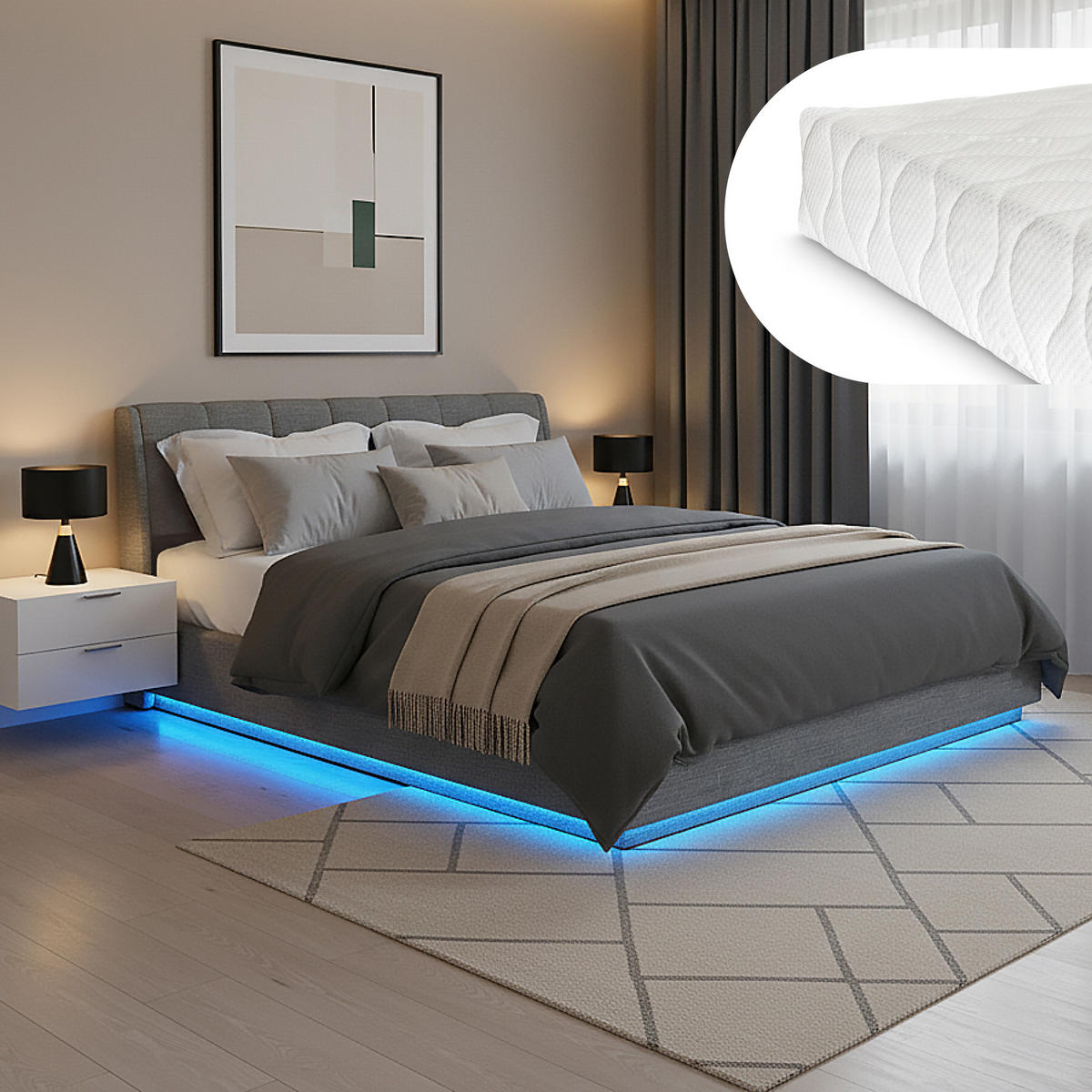 LED POLSTERBETT Tröstiar mit Matratze - Anthrazit, Holzwerkstoff/Kunststoff (180/200cm) - [en.casa]