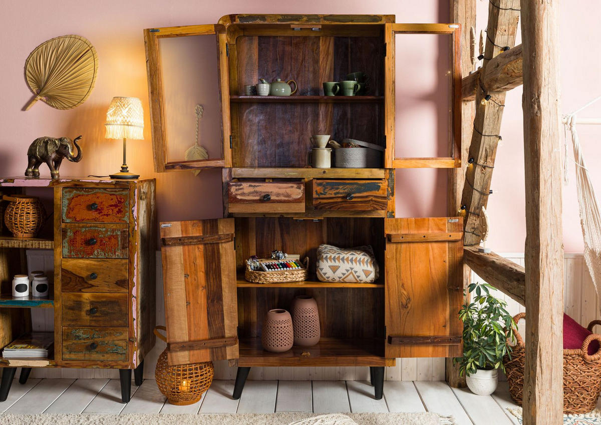 VITRINE Altholz 90x35x200 mehrfarbig lackiert SIXTIES #113 - Multicolor, Holzwerkstoff (90/200/35cm) - Massivmoebel24