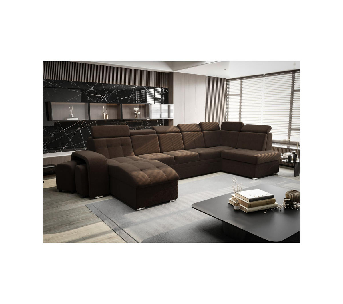 WOHNLANDSCHAFT KONGO RBN13, Eckcouch in U-Form mit Schlaffunktion, Farbe: Dunkelbraun, Velourstoff, Ottomane Links - Dunkelbraun, Textil (392/108/180cm) - O-Sofa
