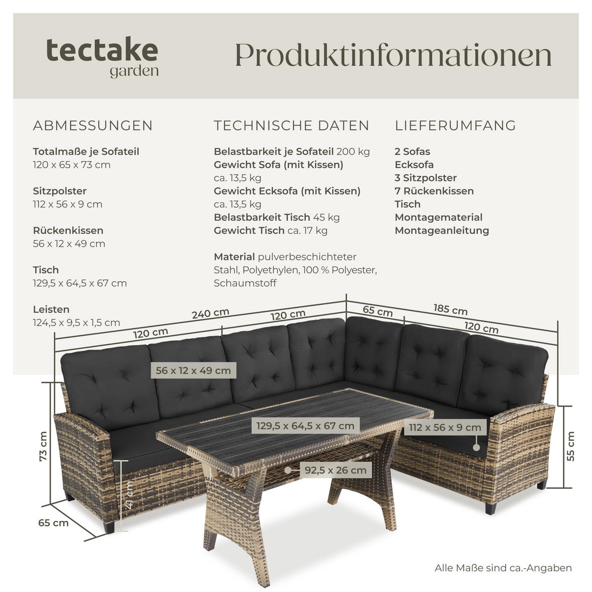 RATTANLOUNGE Catania,Tisch mit Schraubfüßen,natur - Naturfarben, Kunststoff - tectake