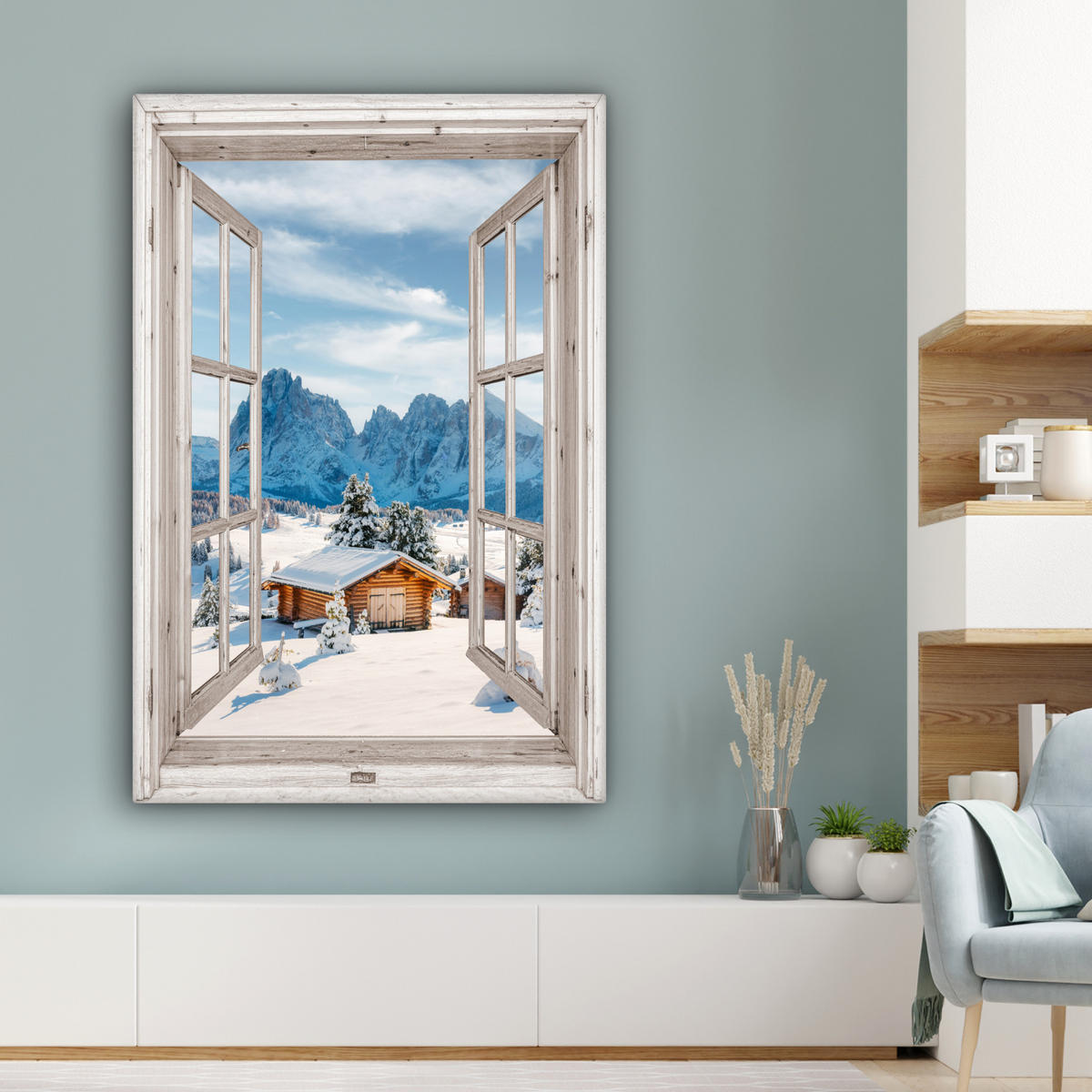 LEINWANDBILD Winterlandschaft - Hütte - Berge - Ausblicke - Aussicht - Natur Deko XXL 80x120 cm - Weiß Hochglanz, Textil (80/120cm) - MuchoWow