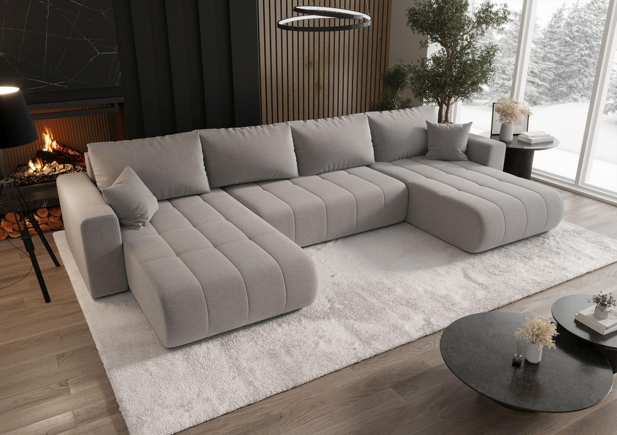 SEDACÍ souprava LARA tvar U světle šedá pletená tkanina Wind 84 - funkce spaní, úložný prostor - světle šedá, textil (385/85/175cm) - Cornero