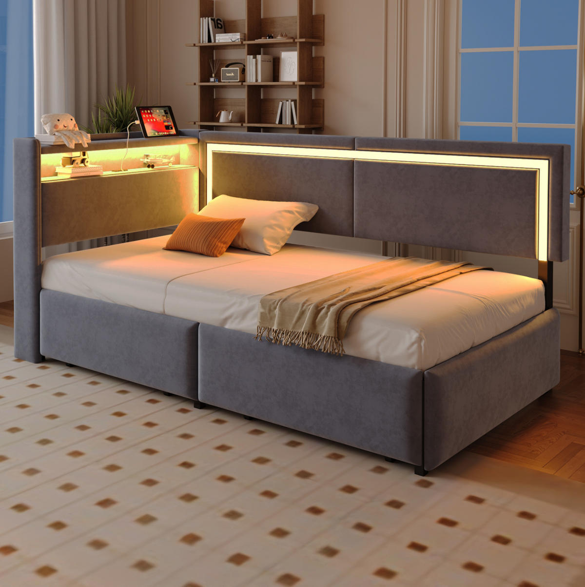 POLSTERBETT mit LED-Beleuchtung 90/200 cm mit USB und Stauraum in Dunkelgrau - Dunkelgrau, Textil (90/200cm) - BEAOK