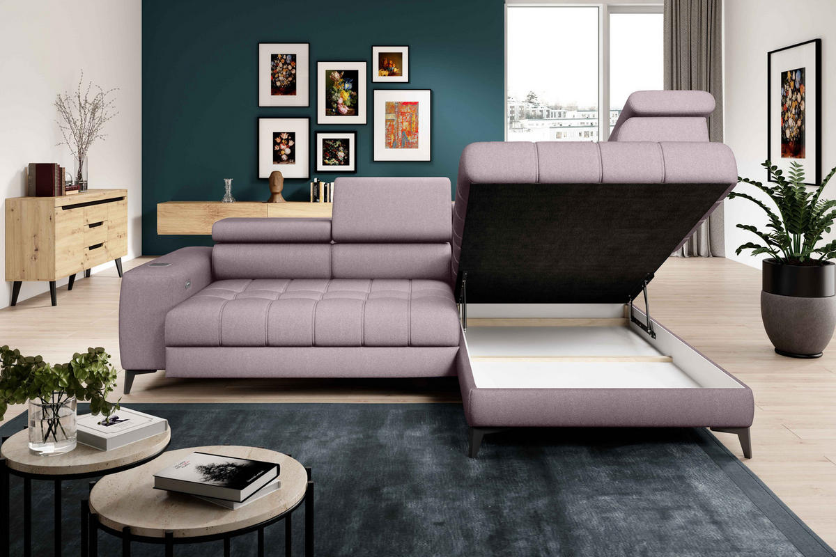 ECKSOFA BAGGIO Letto Stoff, Schlaffunktion, Bettkasten, Sitztiefe, Kopfstützen 280x196cm – Rechts – Puderrosa - Hellrosa, Holz/Textil (280/196cm) - DomoHome