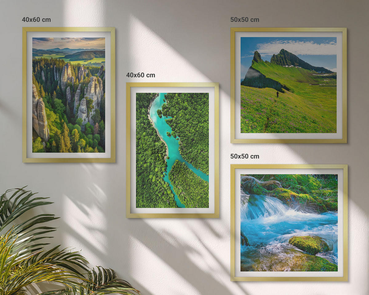 BILDER SET 4er Set - 50x50 cm & 40x60 cm Goldrahmen - Grüne Berge, Flussfelsen - Goldfarben, Kunststoff (50/50cm) - TULUP