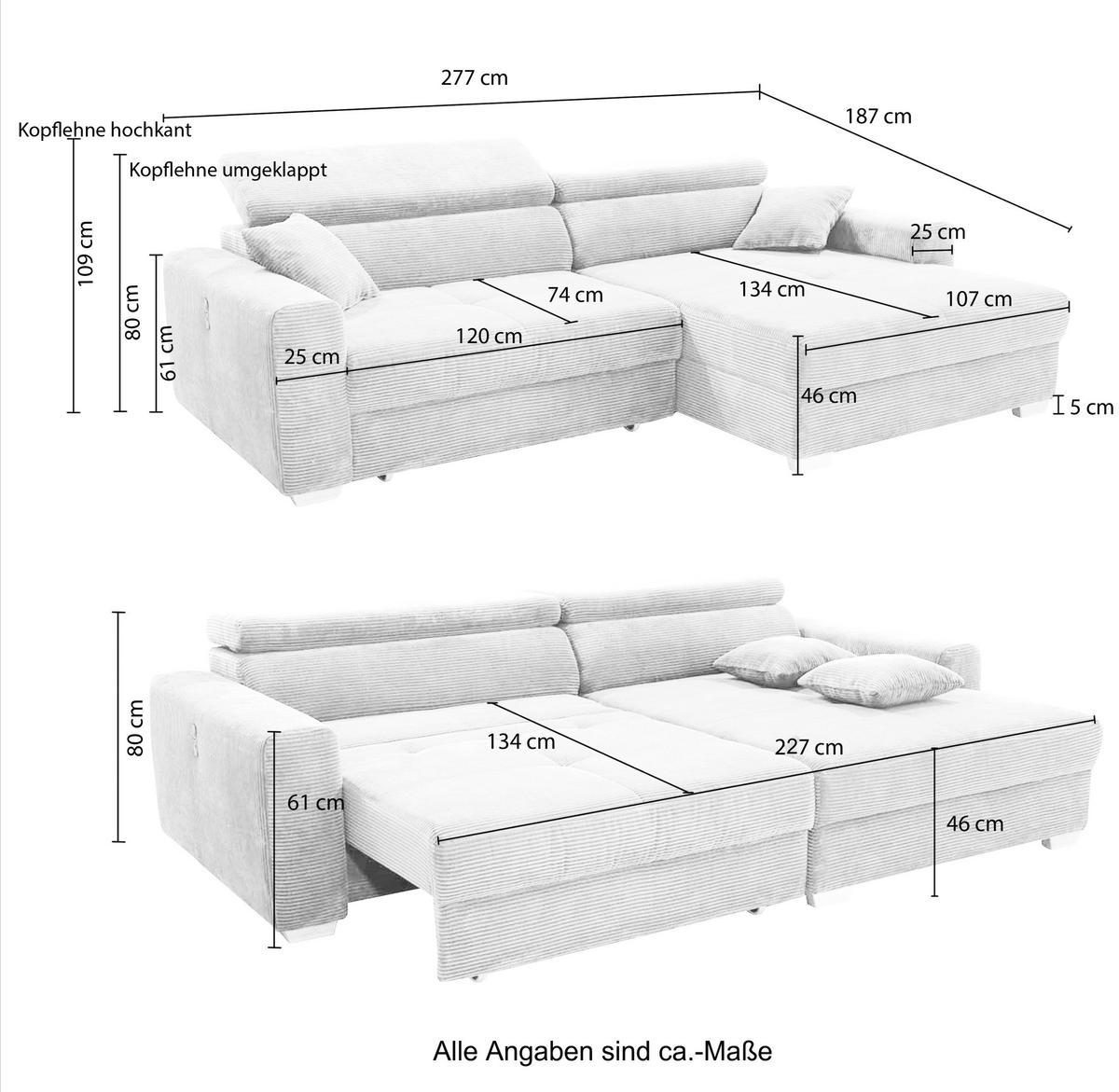 ECKSOFA mit elektrischer Sitztiefenverstellung, Kopflehnen verstellbar, USB-A und USB-C Ladefunktion B277/T187/H109 cm, Cord Braun Taupe / 15401 - Taupe/Eichefarben, Eichenholz/Textil (277/187cm) - luma-home