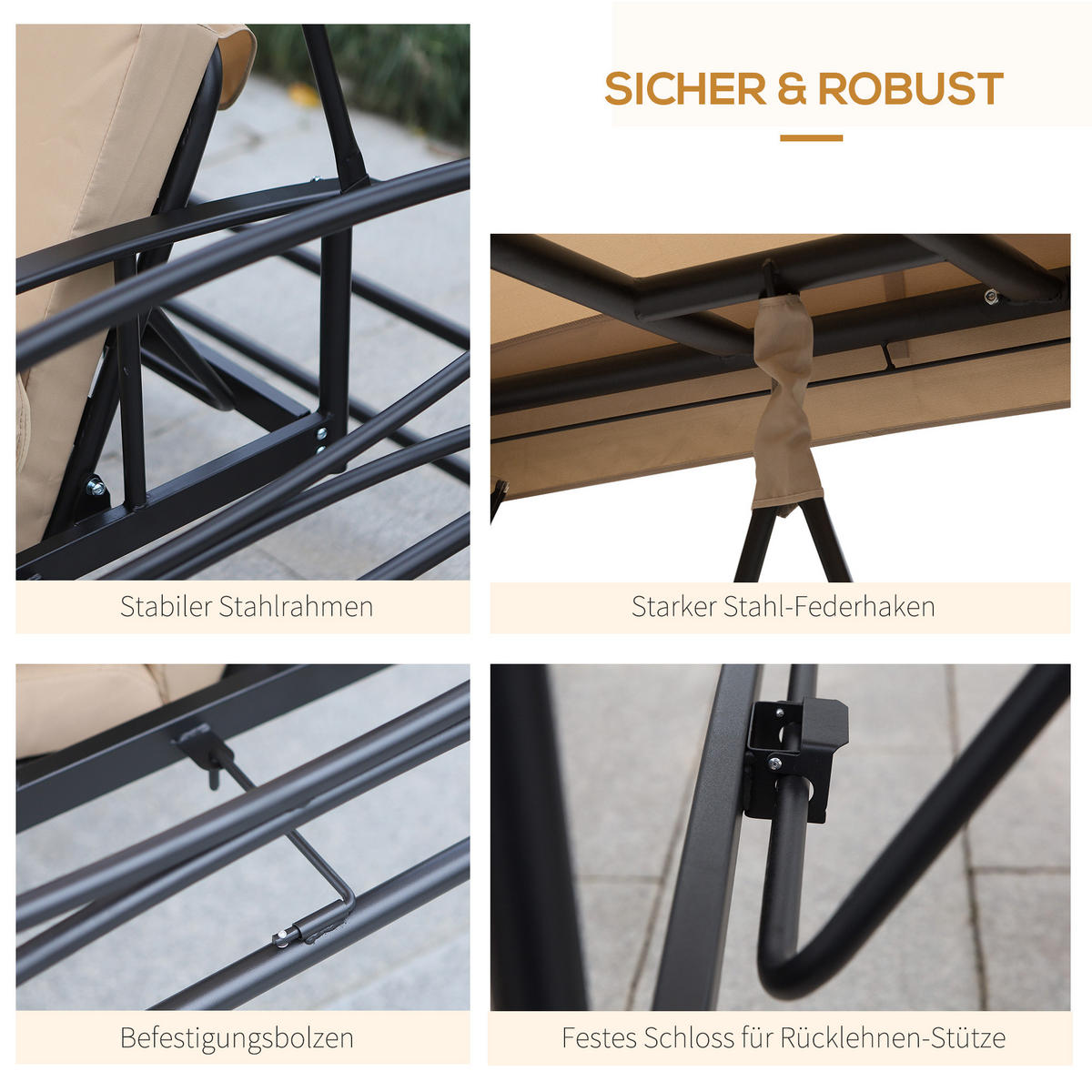 HOLLYWOODSCHAUKEL DE-06995 3-Sitzer, mit Seitenwänden & Moskitonetz, Liegefunktion Beige - Beige/Schwarz, Metall (256/248/172cm) - ComfortXL