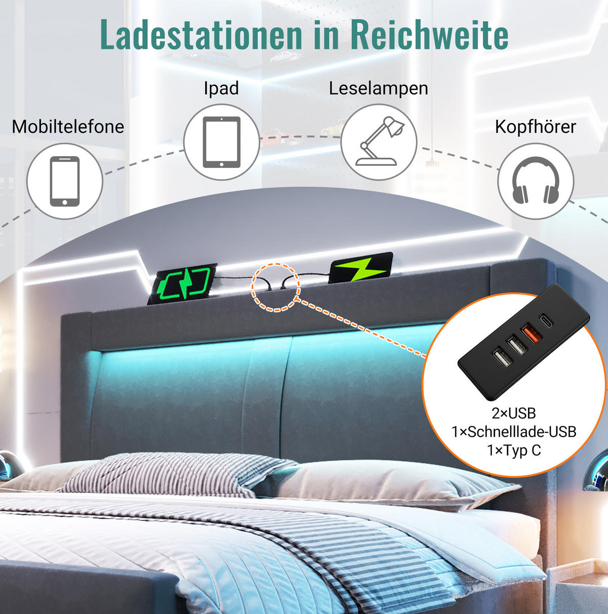 TAPECIRANI krevet 140/200 cm s LED osvjetljenjem, USB i Type-C priključcima te hidrauličnim spremištem, Siva - siva, tekstil (140/200cm) - Redom