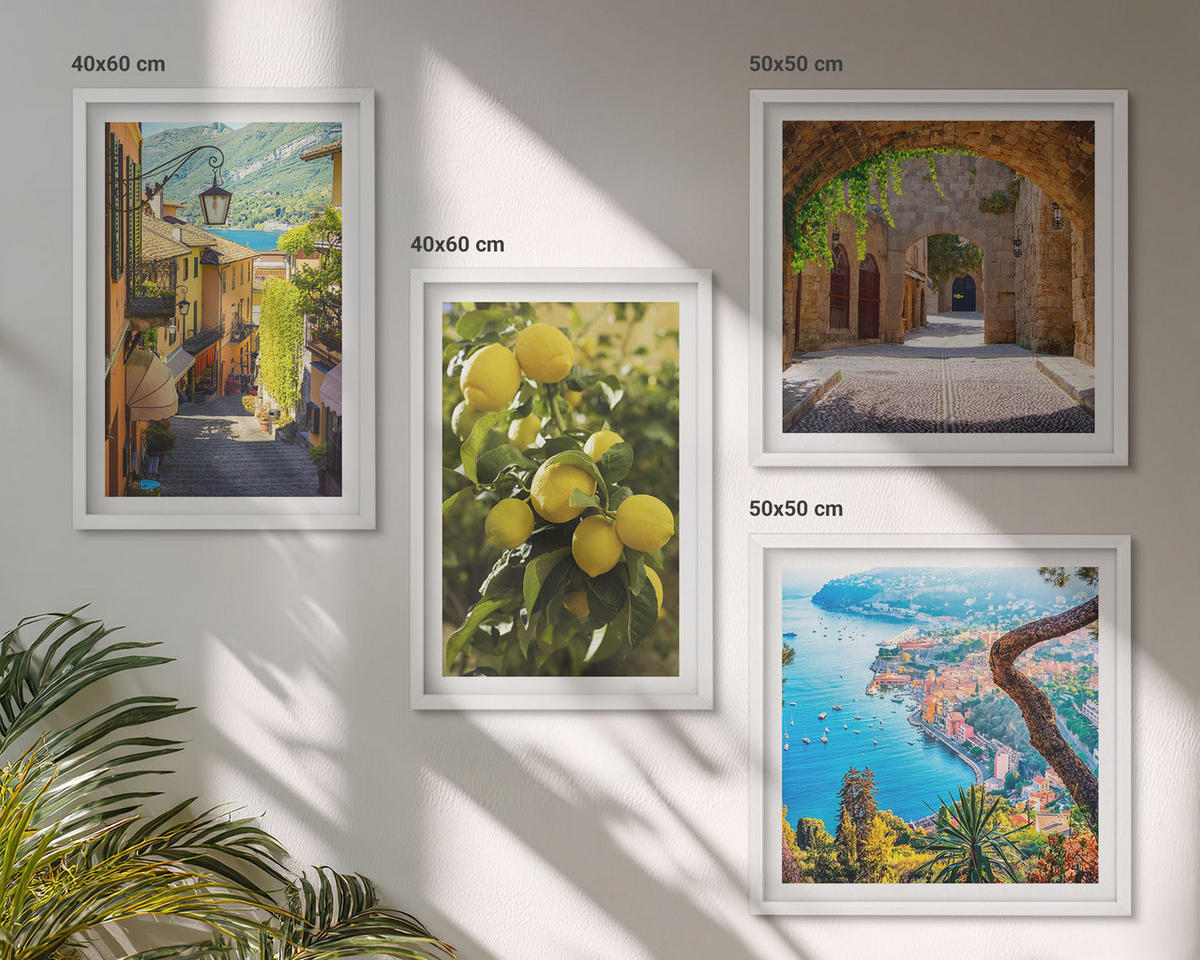 WANDBILDER 4er-Set - 50x50 cm & 40x60 cm Weißer Rahmen - Straßen am Meer, ein Meer aus Zitronen - Weiß, Kunststoff (50/50cm) - ArtPrintCave