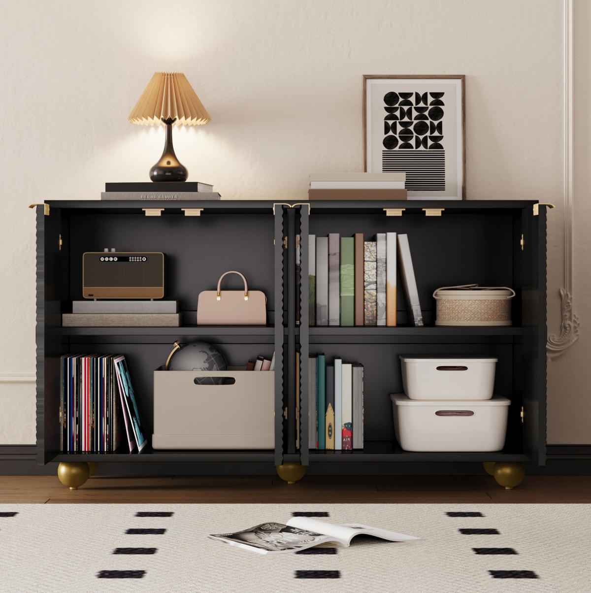 SIDEBOARD 120/35/71,5 cm aus MDF mit 4 gravierten Türen Schwarz - Schwarz, Holzwerkstoff (120/71.5/35cm) - Modenvie
