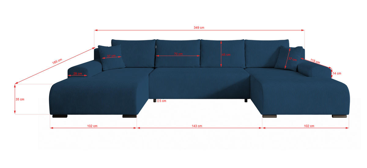 WOHNLANDSCHAFT Nelly U mit Bettkasten und Schlaffunktion, Cordstoff in U-Form - Blau, Textil (349/80/185cm)