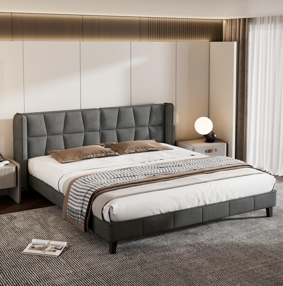 SAMT-POLSTERBETT 180/200 cm in Grau mit Lattenrost und gepolstertem Kopfteil - Grau, Textil (180/200cm) - BEAOK