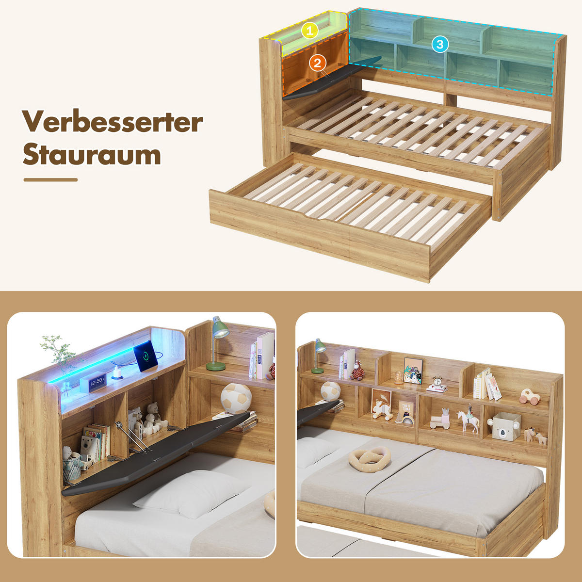 KINDERBETT Natur 90x200 LED USB Ausziehbett Stauraum Holz - Naturfarben, Holzwerkstoff (90/200cm) - FLIEKS