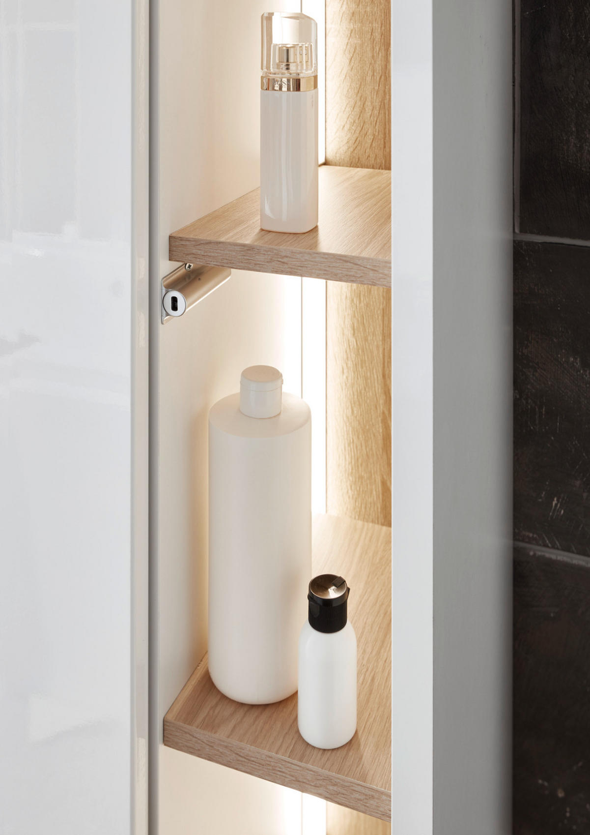 BADMÖBEL Set in weiß Hochglanz und Eiche mit Waschbecken und LED Beleuchtung 225 x 190 cm Glide - Weiß Hochglanz, Glas/Holzwerkstoff (225/190/47cm) - Furn.Design