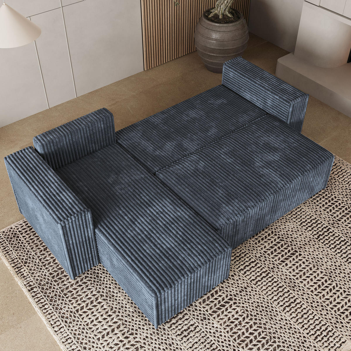 ECKSOFA RAVELO T Grau Kordstoff mit Schlaffunktion - Grau, Holz/Kunststoff (240/140cm) - MASSENO