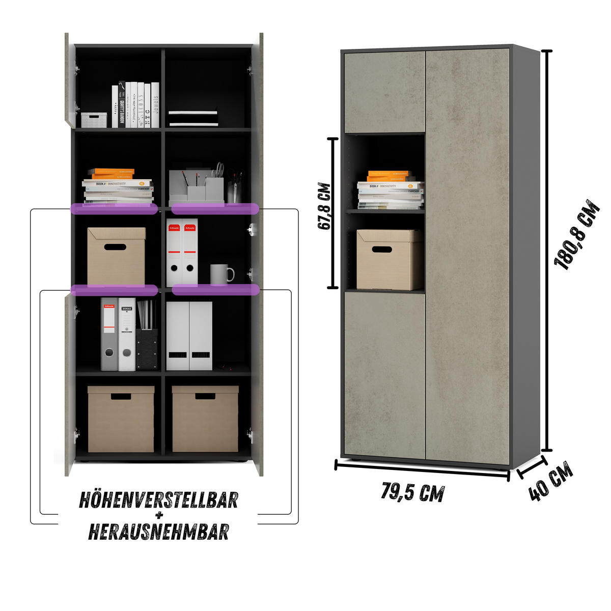 AKTENSCHRANK Amira T20 Beton Oxid 180/80/40 cm - Hellgrau, Holzwerkstoff (80/180/40cm) - SIMPLYFURN