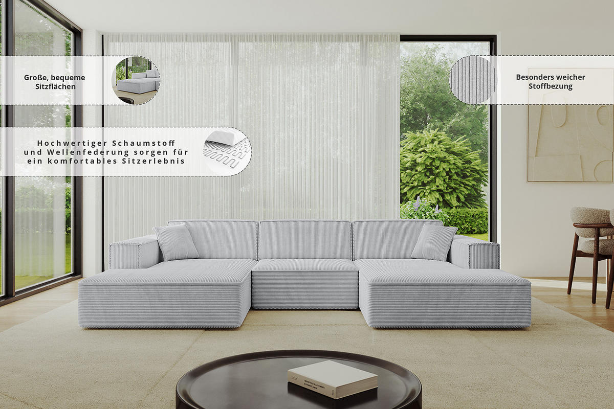 WOHNLANDSCHAFT IREA-U1-v4 - 297x165x72,5 cm Senfgelb - Currygelb/Gelb, Holzwerkstoff/Textil (297/72/165cm) - ALTDECOR