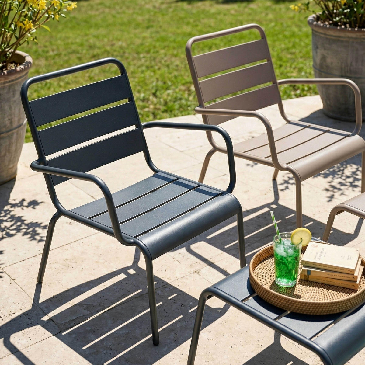 RELAXSESSEL MIT HOCKER 2-tlg., Grau/Taupe - Taupe, Metall (64/72/60cm) - Oviala