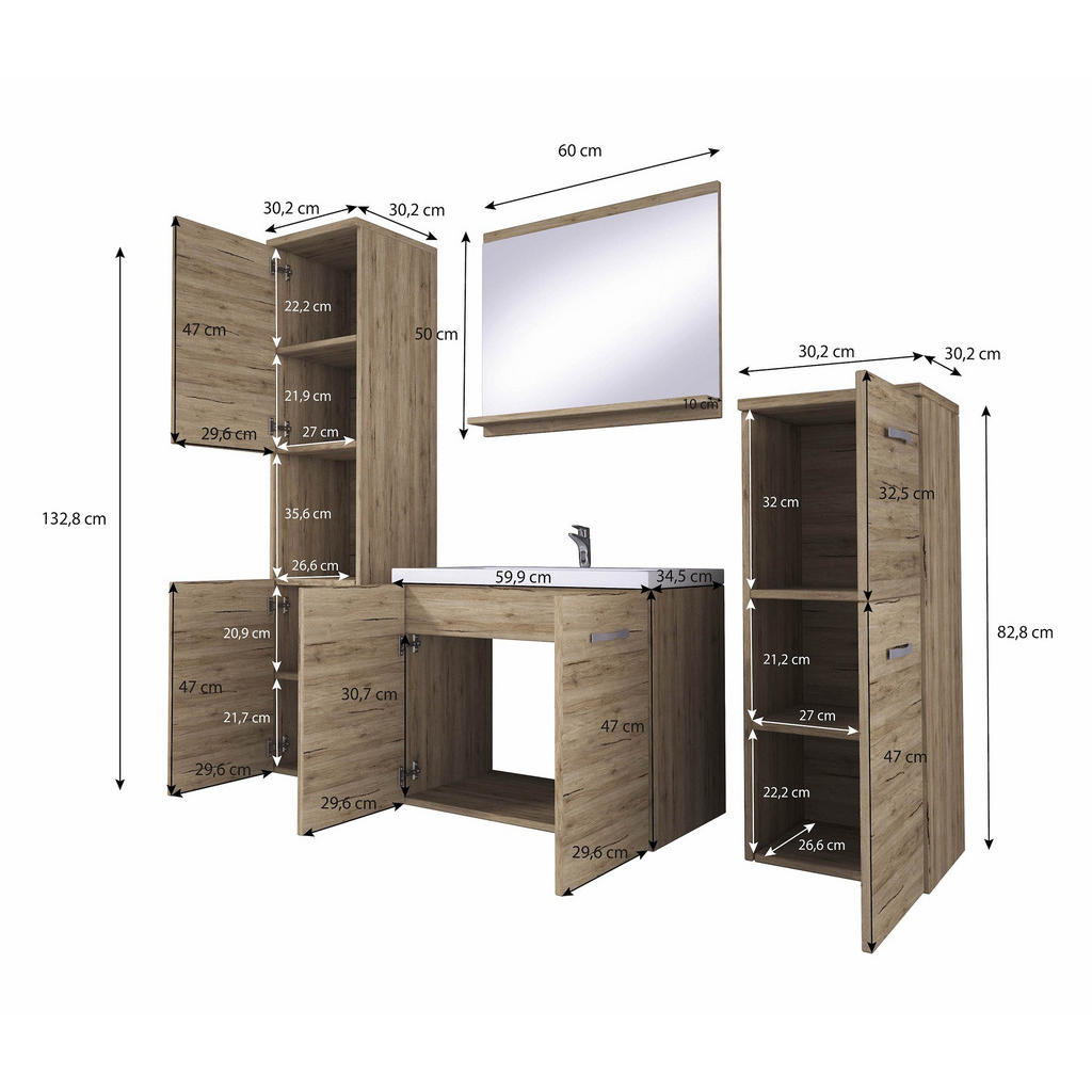 Thumbnail - Feldmann-Wohnen Badmöbel-Set, Eiche Wotan, Holz, 4 Fächer, Rechteckig, 121x132x35 cm, Badezimmer, Badmöbelsets & Badmöbe...