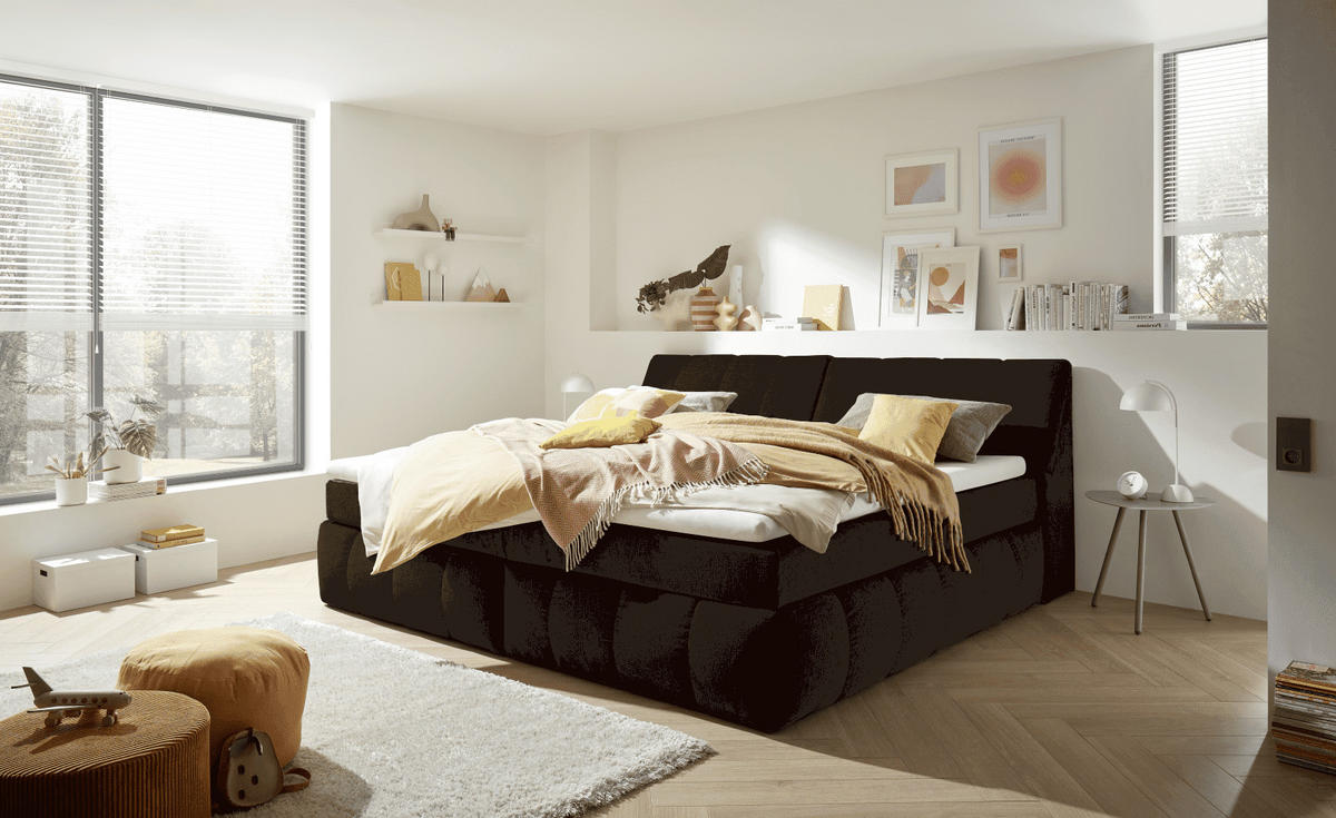 BOXSPRINGBETT XXL 240x200 – 7‑Zonen-Tonnentaschenfederkern, H2, Topper, Unterbox & Bettkasten - Schwarz, Holz/Kunststoff (200/240cm) - ed exciting design