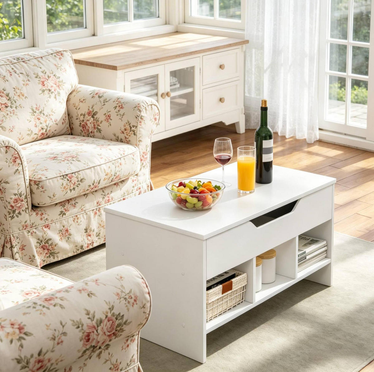 COUCHTISCH mit Liftfunktion 96 x 45 x 51 cm Holzwerkstoff Weiß - Weiß, Metall (96/51/45cm) - Meubliv