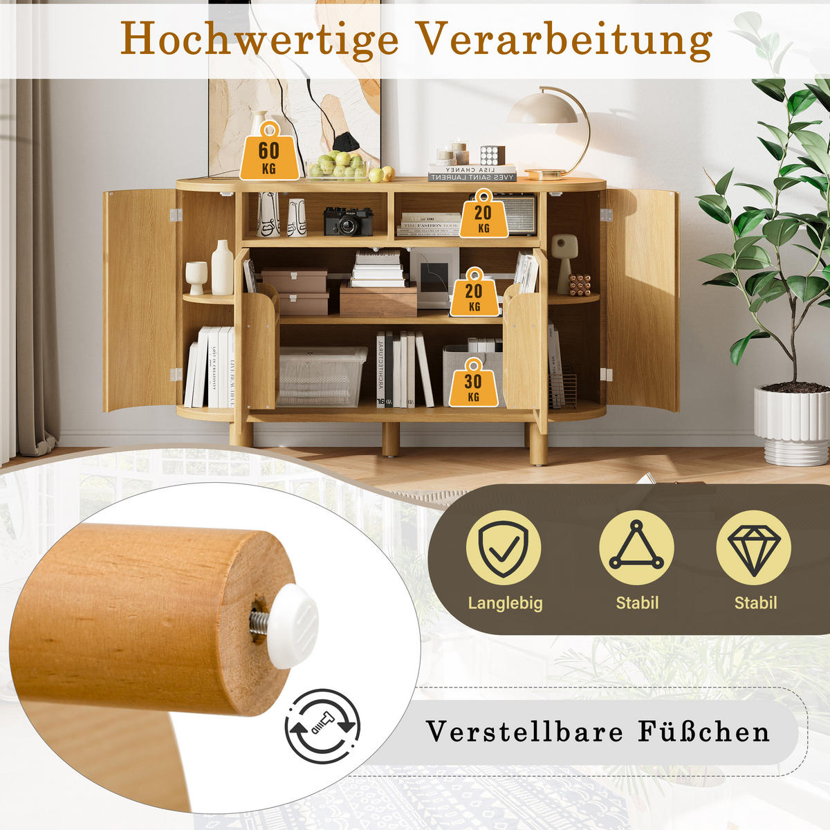SIDEBOARD mit Stauraum und küchenähnlichen Türen, Natur - Naturfarben, Holzwerkstoff (120/77/38cm)