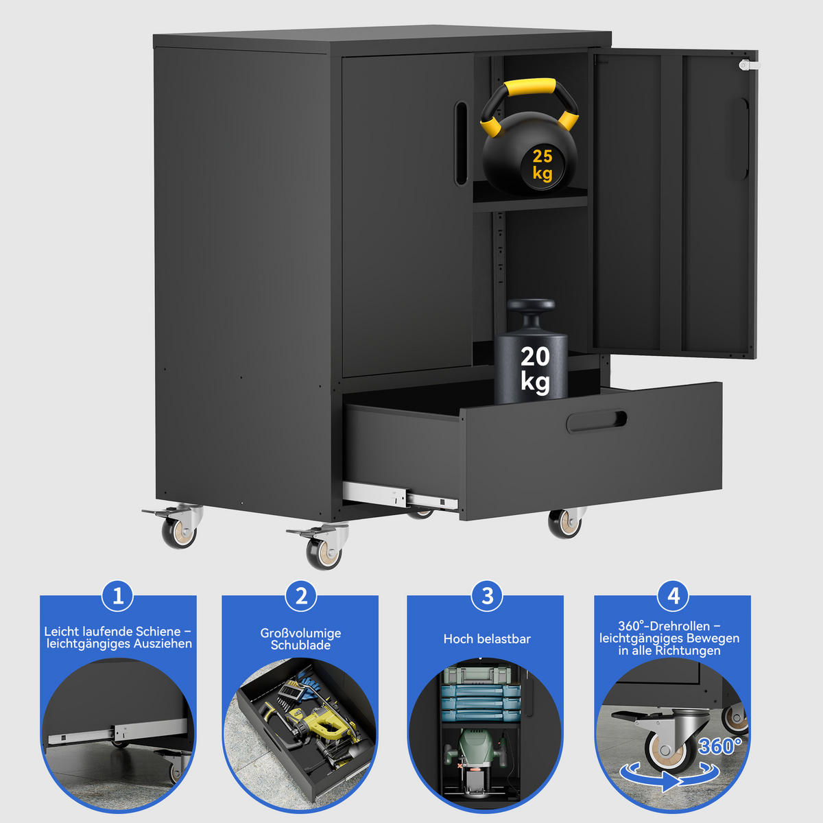 WERKZEUGSCHRANK Metall mit Rollen 101,5x76x51 cm – Heavy Duty, großer Stauraum, Werkstattwagen für Garage, Büro & Haushalt, Schwarz/Grau - Schwarz, Metall (76/51/101.5cm) - Ej. Life