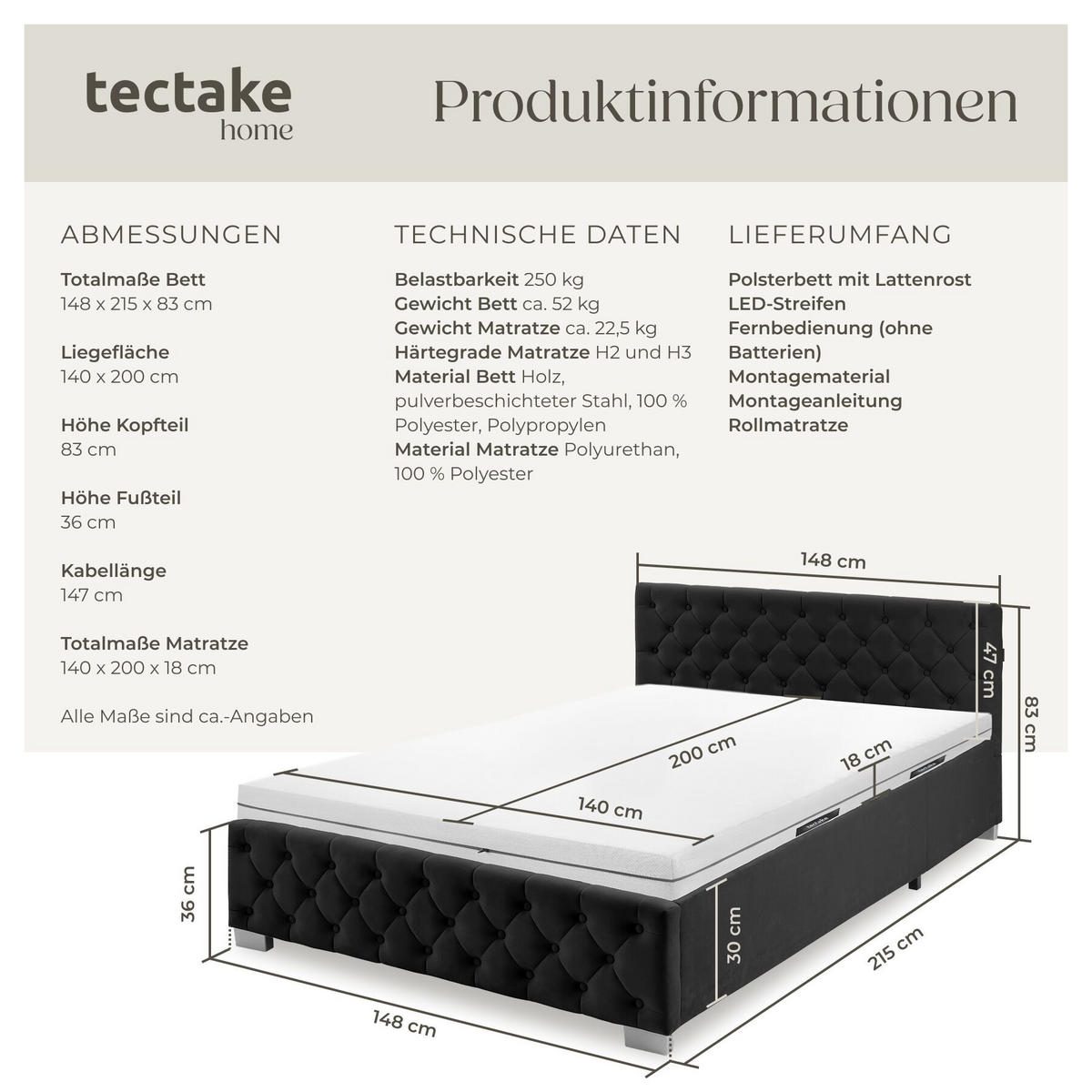 BETTSET , großer Stauraum unter dem hochklappbaren Lattenrost, Samtoptik schwarz - Schwarz/Samtahornfarben, Holz (140/200cm) - tectake