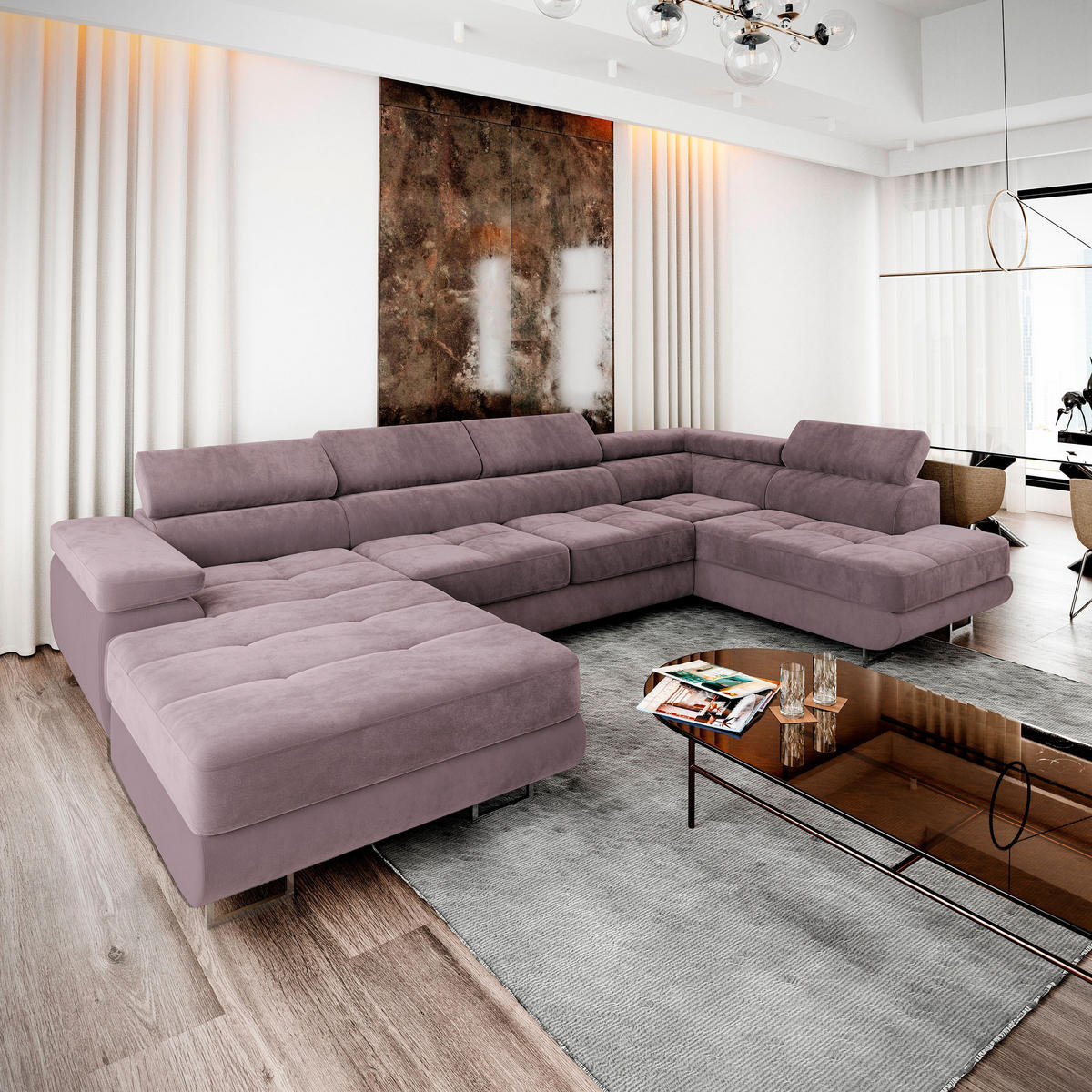 WOHNLANDSCHAFT CASONE R-S Lila Velours-Stoff mit Schlaffunktion - Lila, Holz (345/90/202cm) - MASSENO