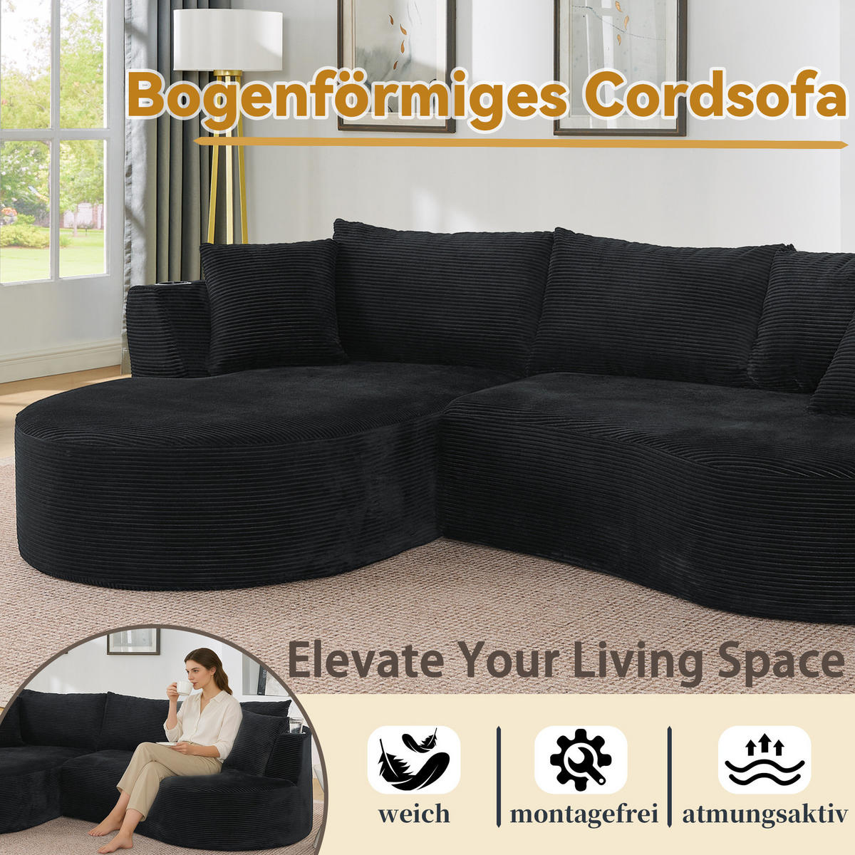 SOFA 3-Sitzer mit Getränkehaltern und Kissen aus weichem Kordstoff, Schwarz - Schwarz, Kunststoff (264/76/168cm) - Redom