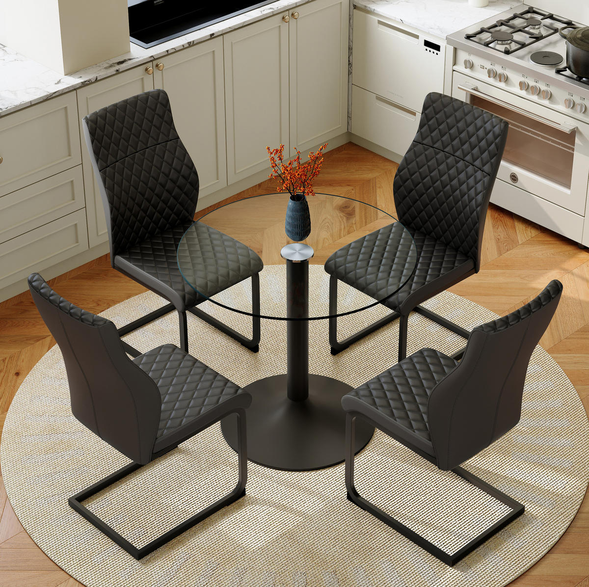 ESSTISCH-SET 4-tlg. 85 cm Glas Schwarz - Schwarz, Metall (85/76/85cm) - Meubliv
