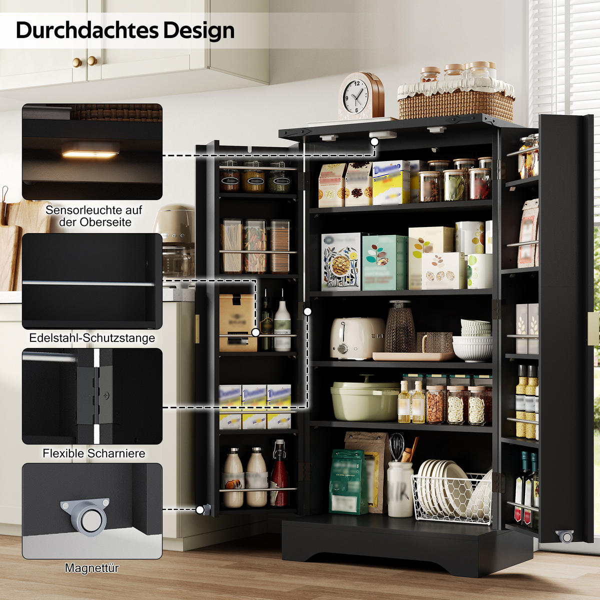 GESCHIRRSCHRANK 60.5/40/120 cm Schwarz mit LED-Sensorlicht und Gewürzregal - Schwarz, Holz (60.5/120/40cm) - Oxeza
