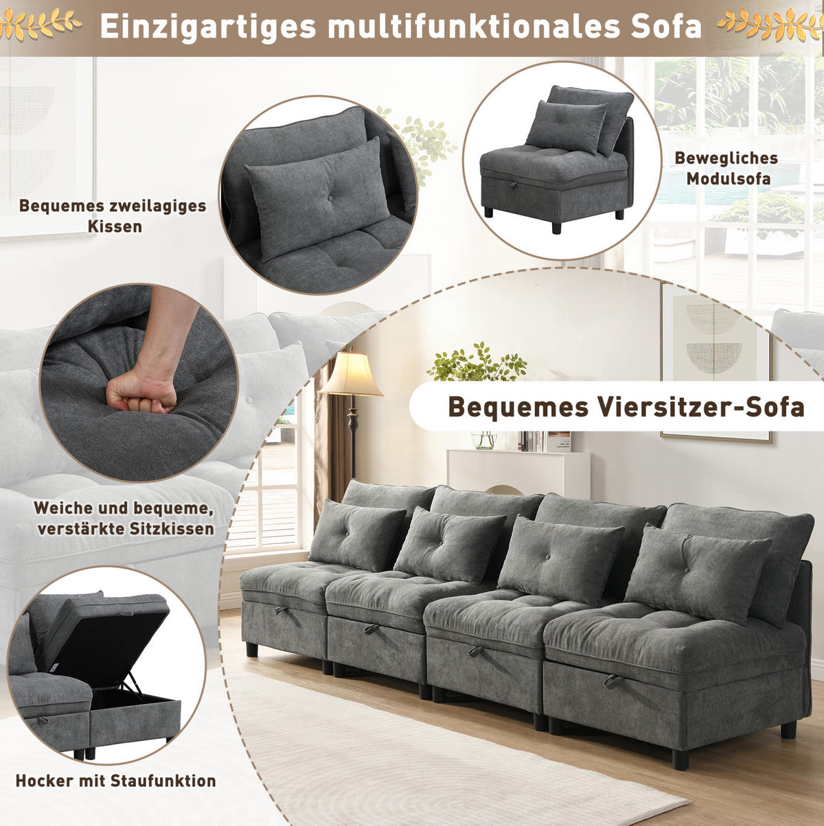 SOFA Chenille mit Stauraum und Schlaffunktion Antik Grau 274/76/87 cm - Alteiche, Textil (274/87/76cm) - Redom