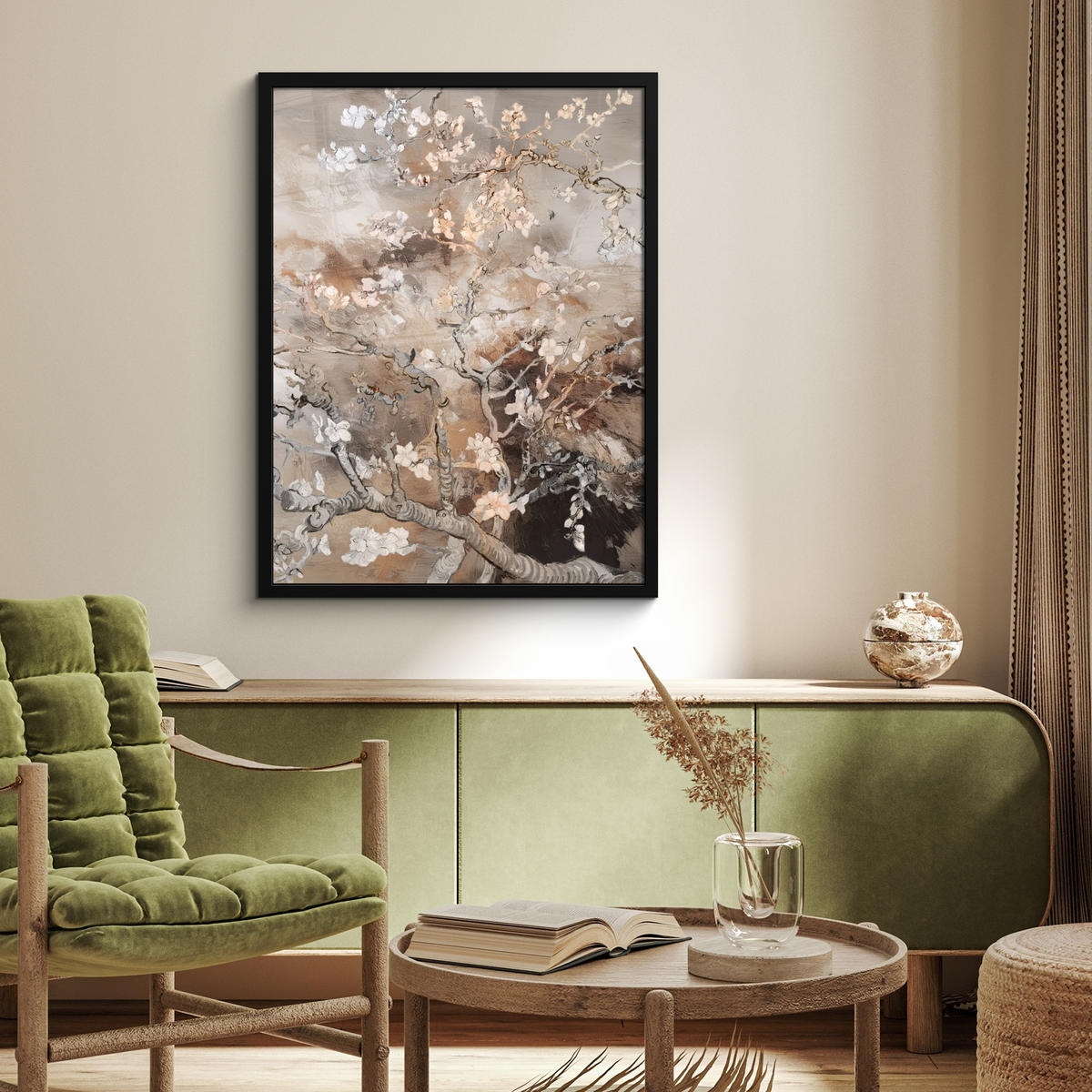 GERAHMTES BILD Mandelblüte - Kunst - Van Gogh - Beige - Abstrakt 60x80 cm - Braun, Papier (60/80cm) - MuchoWow