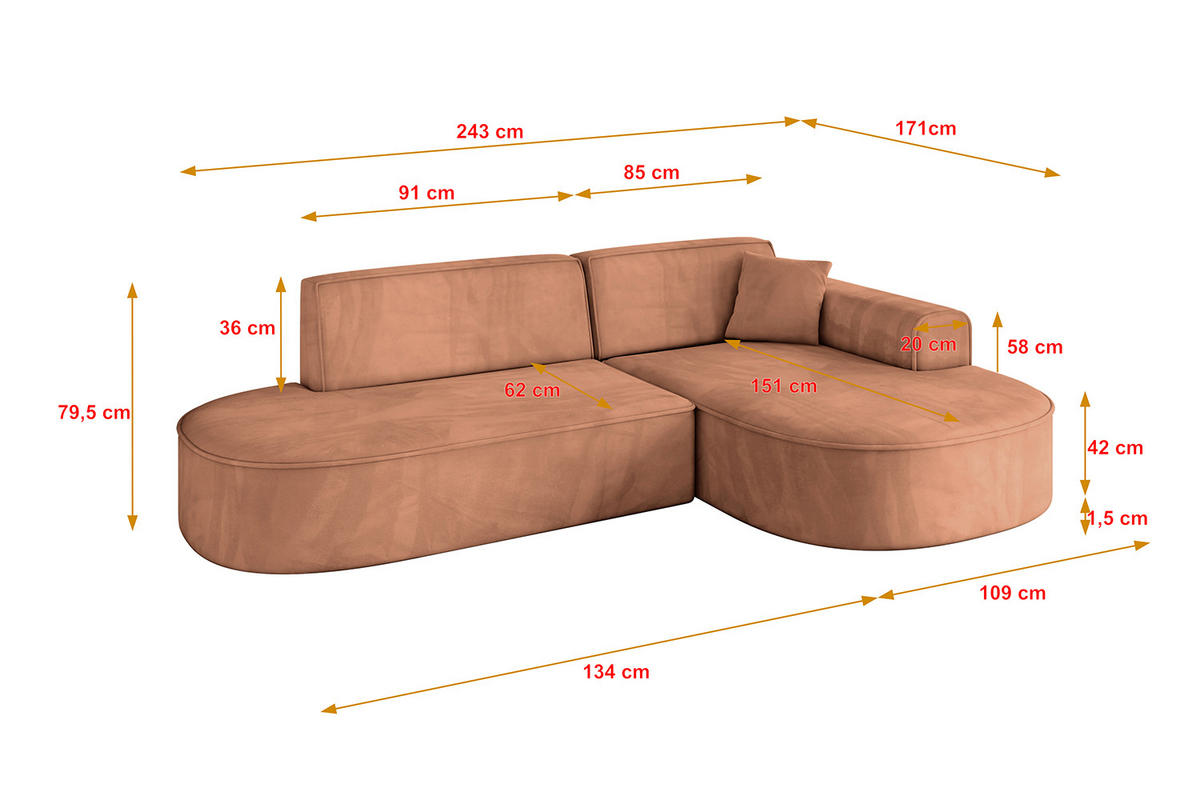 ECKSOFA Ottomane Rechts MARI-L1 - 243x171x79 cm Orange Velours - Schwarz/Orange, Holzwerkstoff/Kunststoff (171/243cm) - ALTDECOR