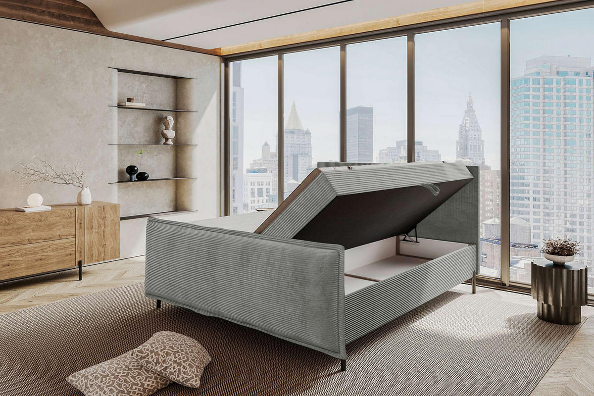 BOXSPRINGBETT VERO PLUS Cordstoff Hellgrau 140/200 cm - Hellgrau/Schwarz, Holzwerkstoff/Textil (140/200cm) - 99rooms