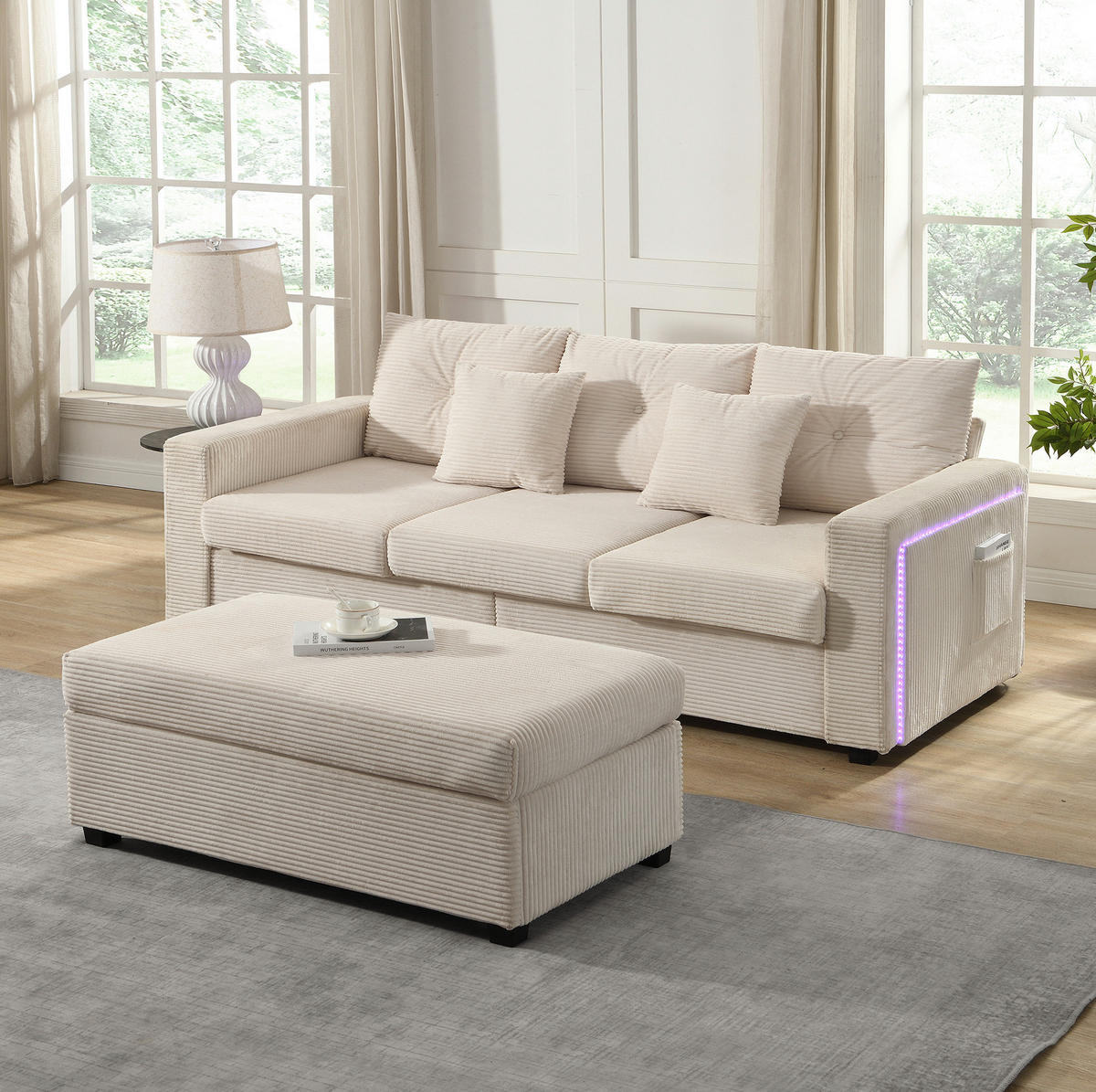 SOFA mit LED und Hocker Cord Beige 5-Kissen-Set - Beige, Kunststoff (184/85.5/84.5cm) - Meubliv