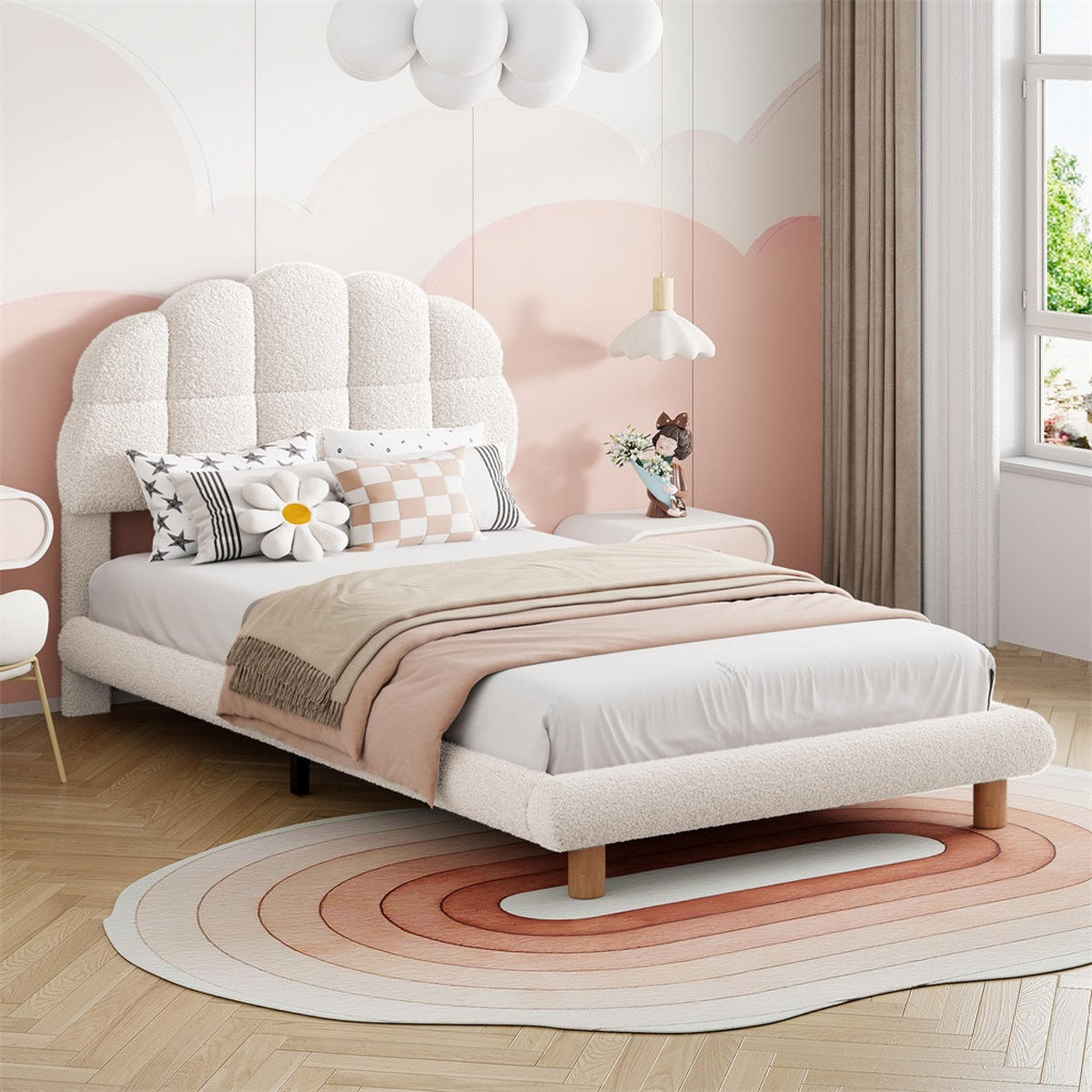 KINDERBETT 90x200 cm mit weich gepolstertem Kopfteil im Wolken-Design - höhenverstellbares - ohne Matratze - Weiß - Weiß, Textil (90/200cm) - DELFA