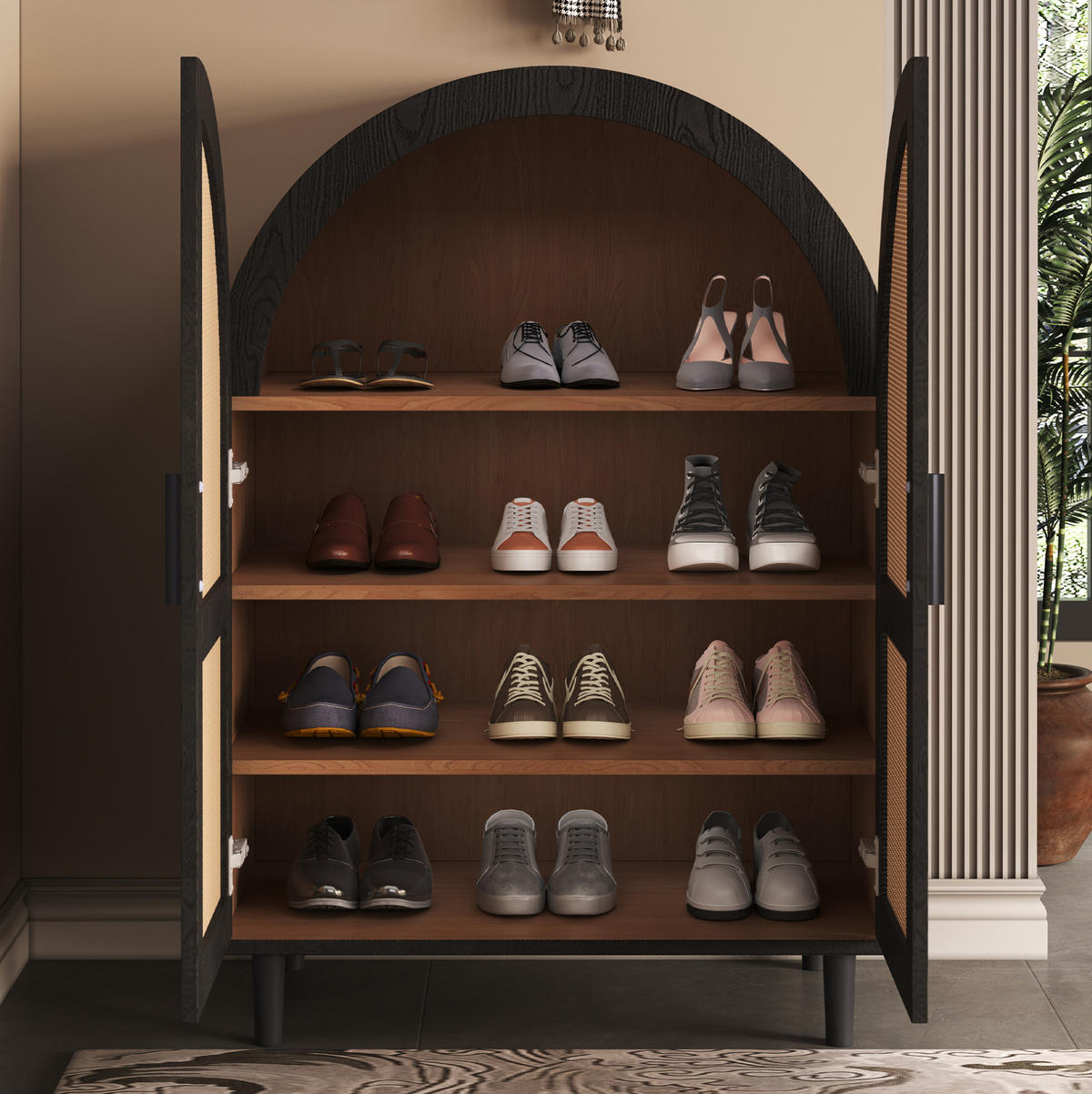 SCHUHSCHRANK 70/40/100 cm mit 2 Türen, Rattanfront und verstellbaren Böden - Naturfarben, Holzwerkstoff (70/40/100cm) - BEAOK
