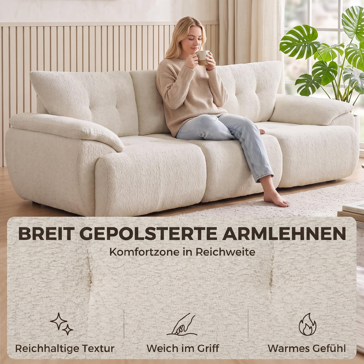 3-SITZER-SOFA Chenille 100 Polyester hochdichter Schaumstoff Cremeweiß - Creme, Textil (92/80/260cm) - HOMCOM