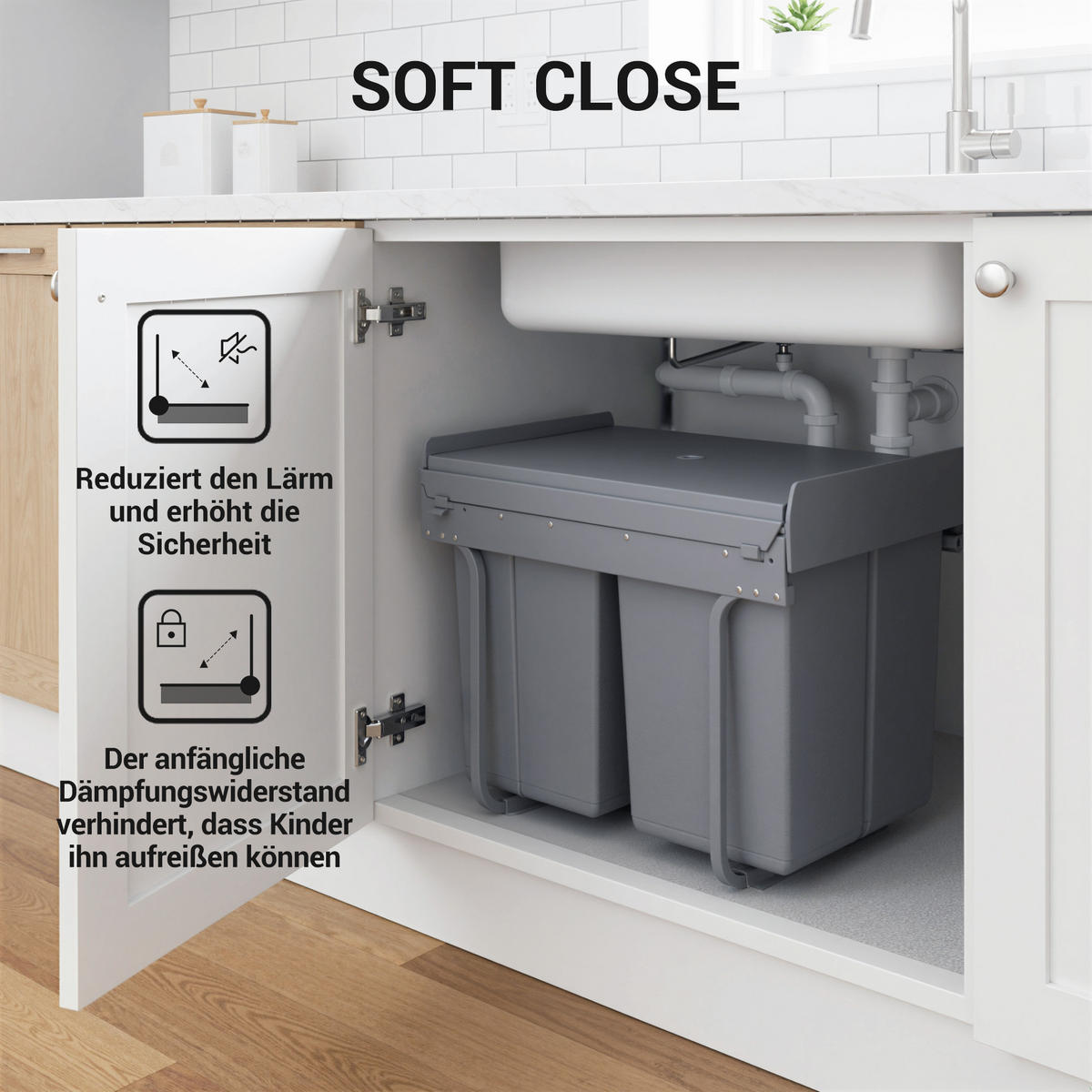 MÜLLEIMER DE-08953 3 Fächer (10+10+20 L), ausziehbar, Soft-Close Grau - Grau, Kunststoff (34.2/41.8/48cm) - ComfortXL
