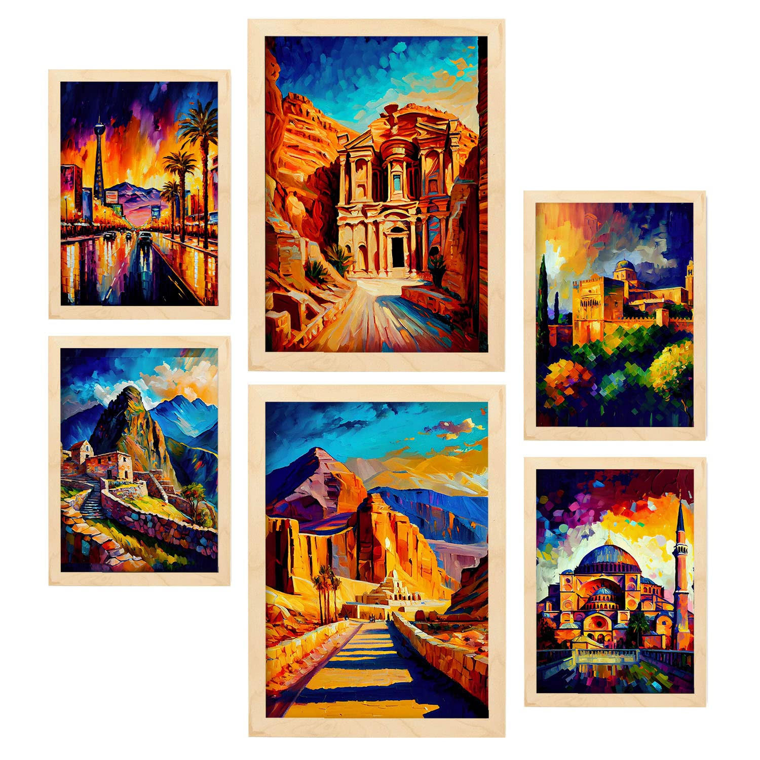 POSTER Set Mit 6 Erde Im Ölgemälde Stil A3 & A4 Rahmen Aus Hellem Holz - Beige, Papier (29/3cm) - Nacnic