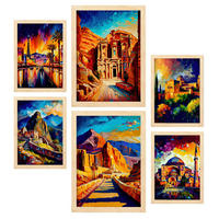 POSTER Set Mit 6 Erde Im Ölgemälde Stil A3 & A4 Rahmen Aus Hellem Holz - Beige, Papier (29/3cm) - Nacnic