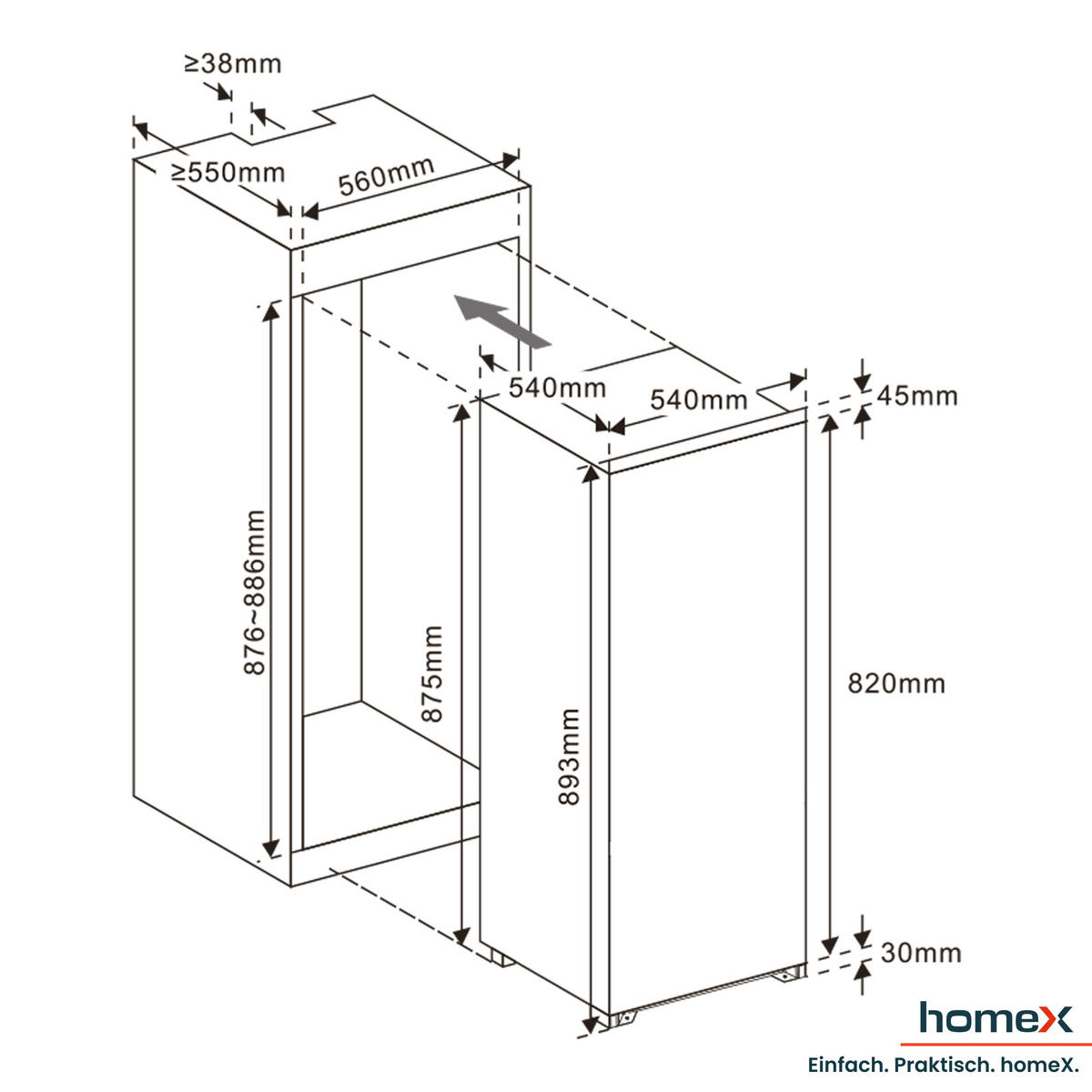 KÜHLSCHRANK Einbau, mit Gefrierfach, 88cm Nische, 118 Liter, Schlepptürtechnik, CFB1181E - Weiß, Glas/Kunststoff (54/89/54cm) - homeX
