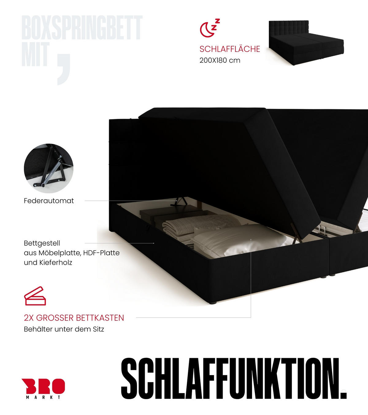 BOXBETT Detroit mit Topper 180/200 Schwarz - Schwarz, Holzwerkstoff/Textil (180/200cm) - Bromarkt