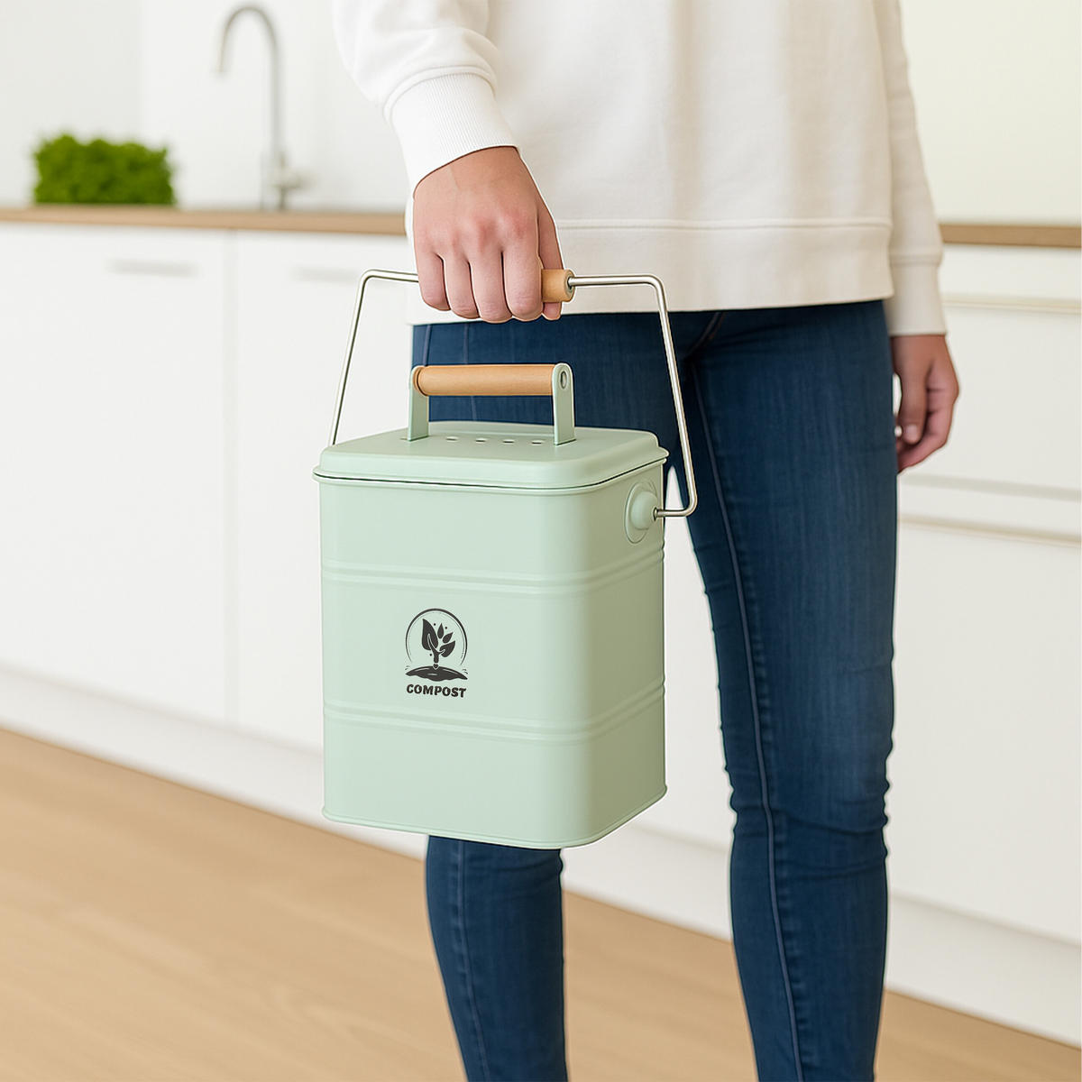 KÜCHEN-KOMPOSTEIMER - Grün, Holz/Textil (20.5/26/14cm) - Relaxdays